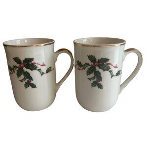 Vintage Lefton China Holly Berry Christmas Mugs Set Of 2 With Gold Trim